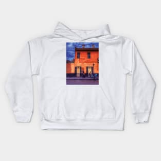 Sunny Days and Blue Skies on a New Orleans French Quarter Street with Orange Iconic Architecture and Nola People Walking in Southern Louisiana Kids Hoodie